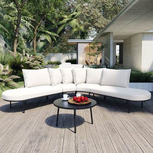Patio Half- Moon Curved Outdoor Furniture Sofa Set with Coffee Table, Sangria Beech