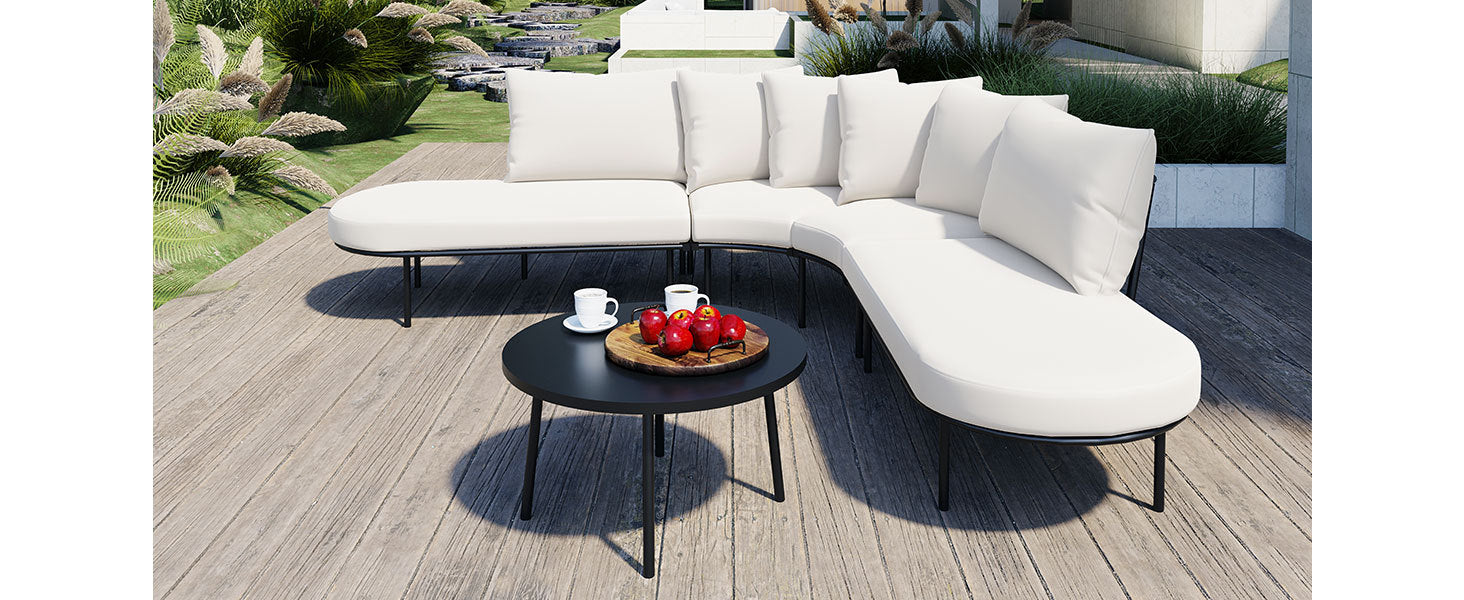 Patio Half- Moon Curved Outdoor Furniture Sofa Set with Coffee Table, Sangria Beech