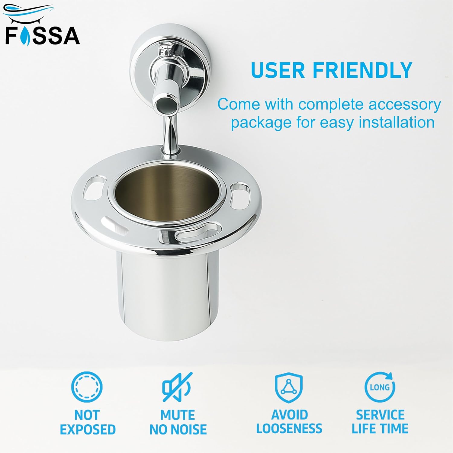 Fossa Brush Holder – Stainless Steel Wall Mounted Tumbler & Toothbrush Holder for Bathroom | Rustproof Organizer & Bathroom Accessories Set | Silver Chrome Finish-4