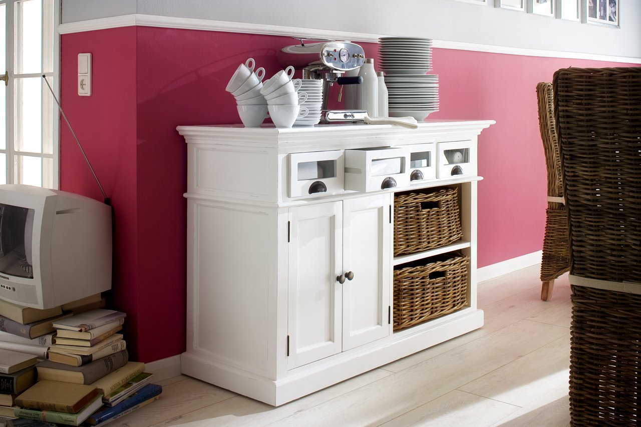 Luxury Farmhouse Kitchen Buffet – Glass-Front Drawers & Handwoven Rattan Baskets