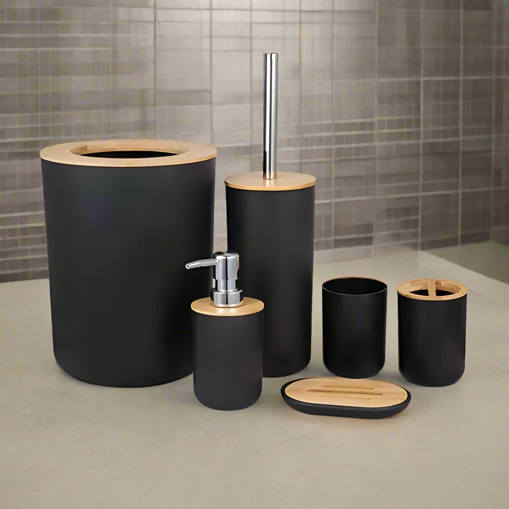 6-Piece Black Bathroom Accessories Set – Modern Plastic Organizer Kit for Stylish Bathrooms