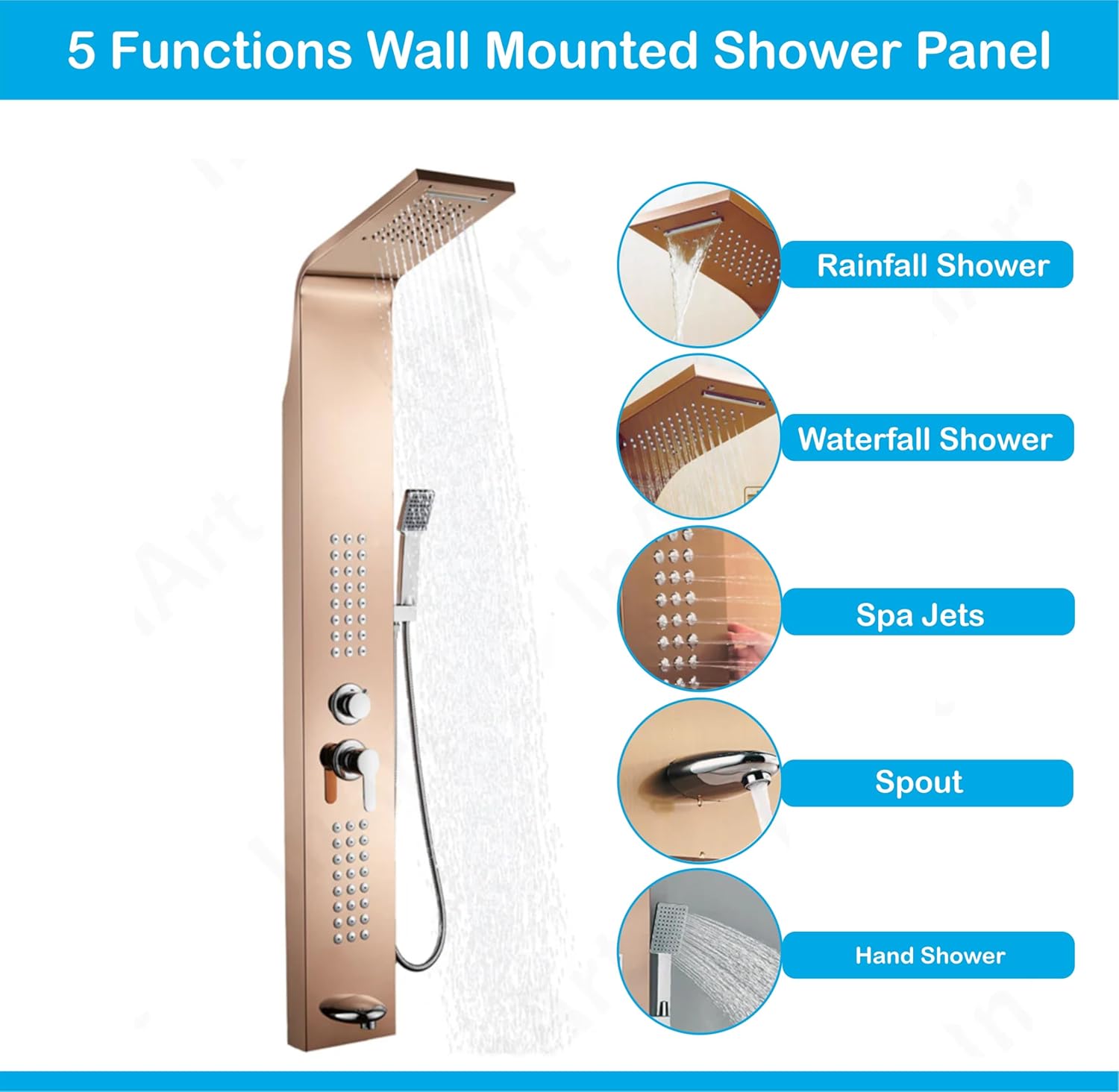 Fossa Stainless Steel Shower Panel Full Set, Dual Flow Overhead Waterfall Shower, Hand Shower, Wall Mount Shower Panel For Bathrooms (Rose Gold)