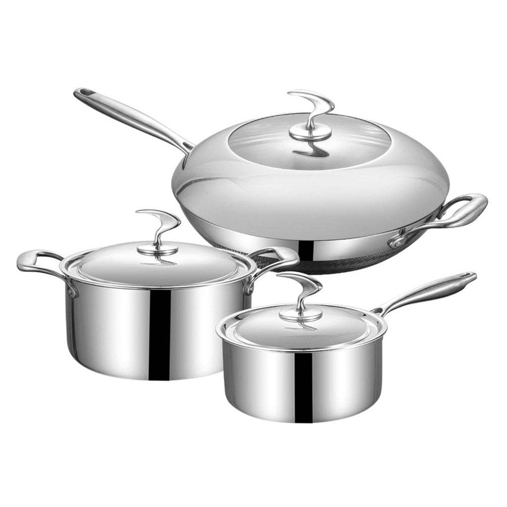 NNEAGS 6 Piece Cookware Set 18/10 Stainless Steel 3-Ply Frying Pan, Milk, and Soup Pot with Lid-3