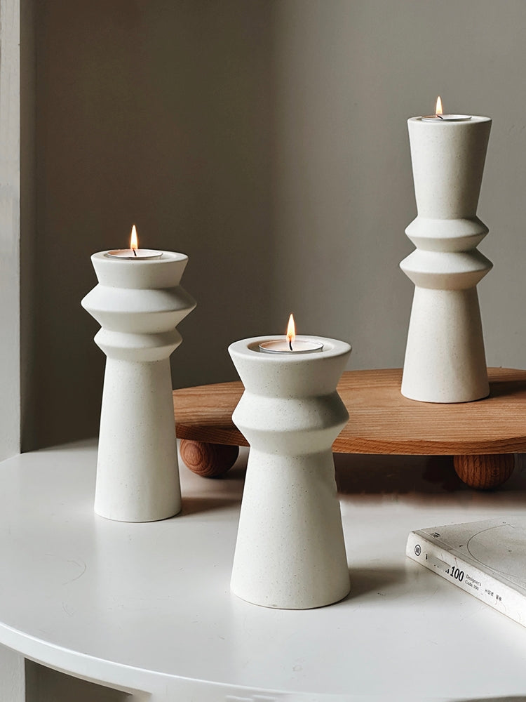 Set of 3 Minimalist Ceramic Candle Holders – Modern Unglazed Décor for Dining Table or Mantel
