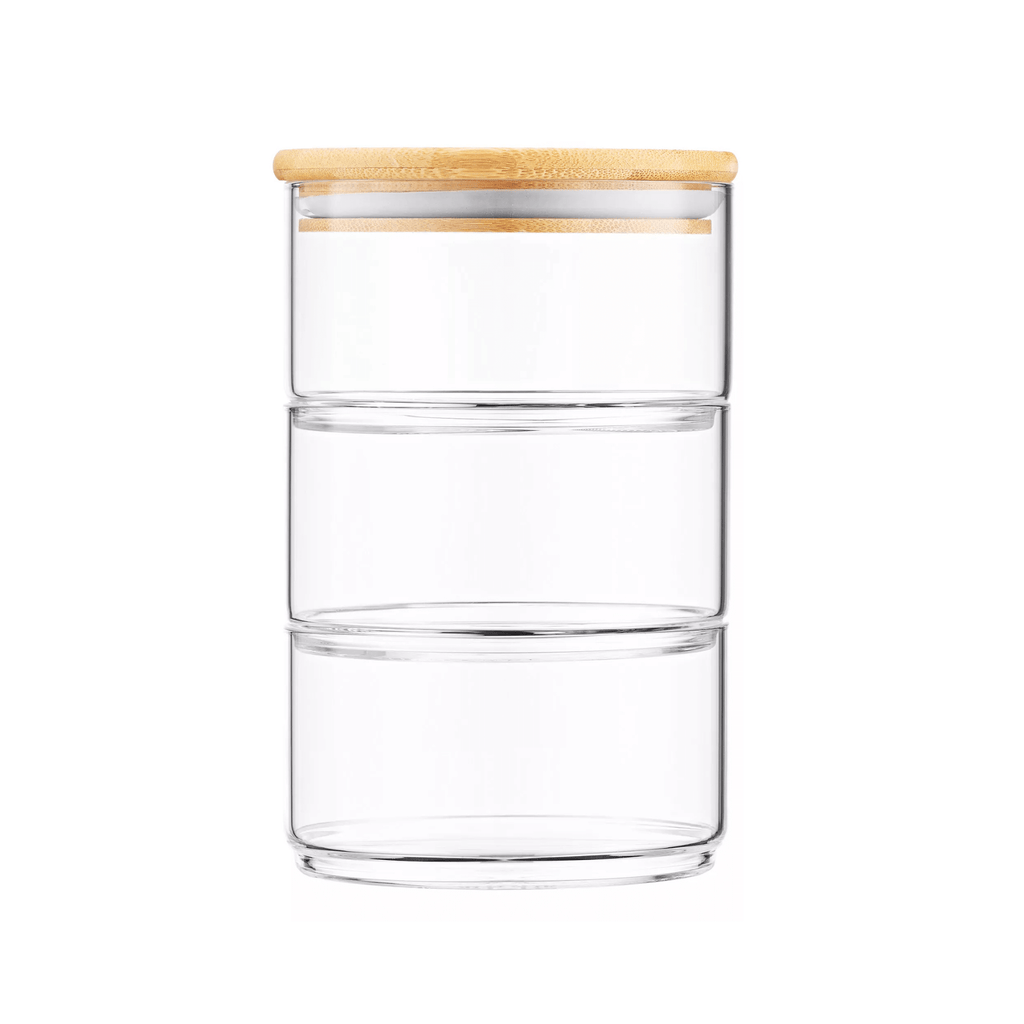 Stackable Round Bamboo Glass Jar – 450ml Airtight Pantry & Bathroom Storage