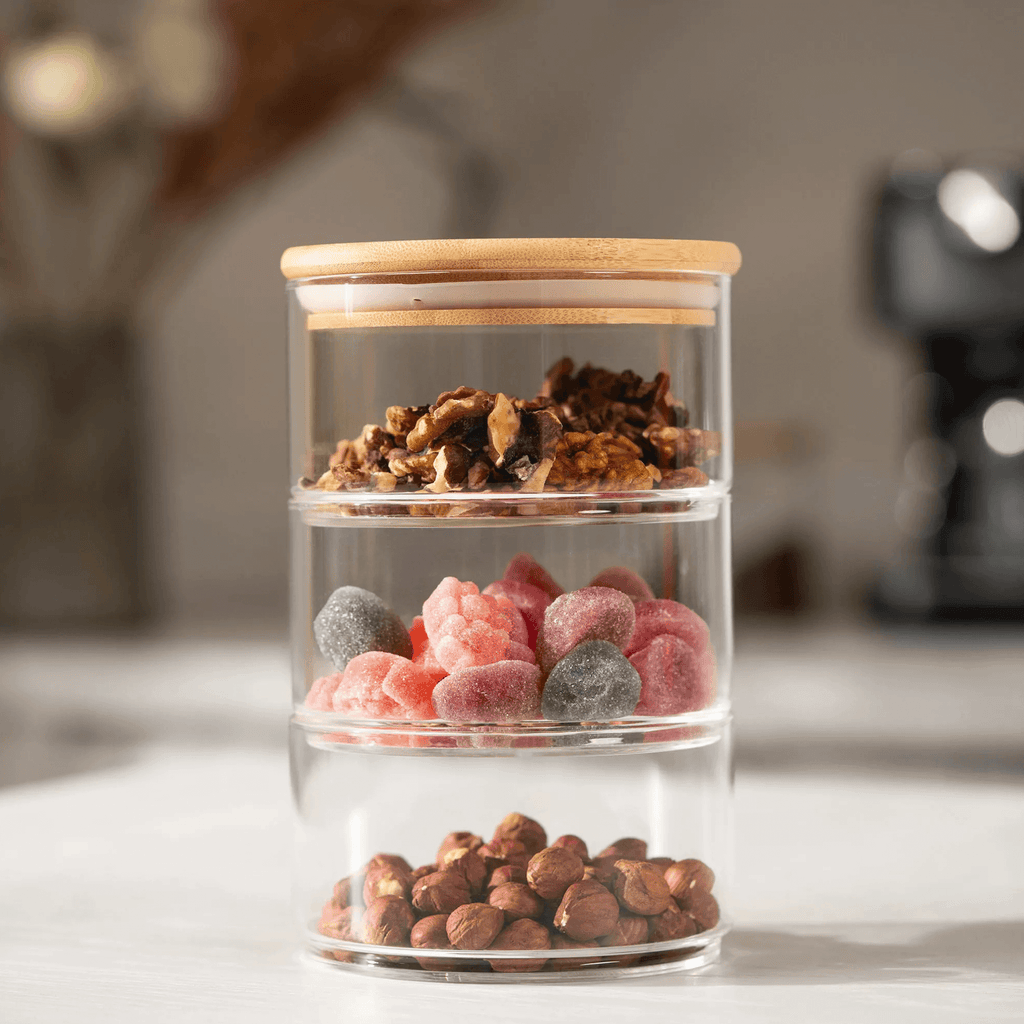 Stackable Round Bamboo Glass Jar – 450ml Airtight Pantry & Bathroom Storage
