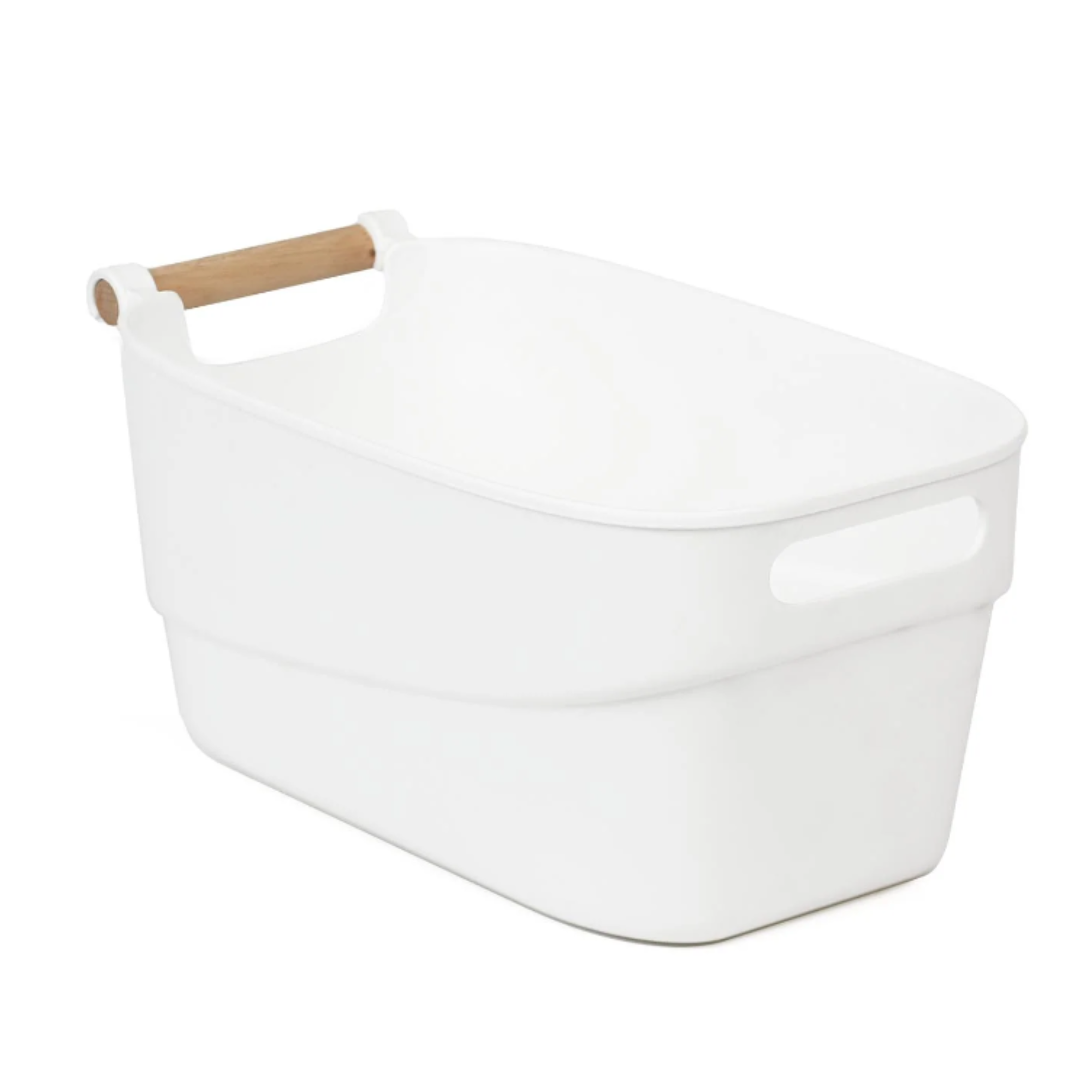 Medium White Storage Tub with Wooden Handles – Multi-Purpose Organiser Box for Home & Pantry