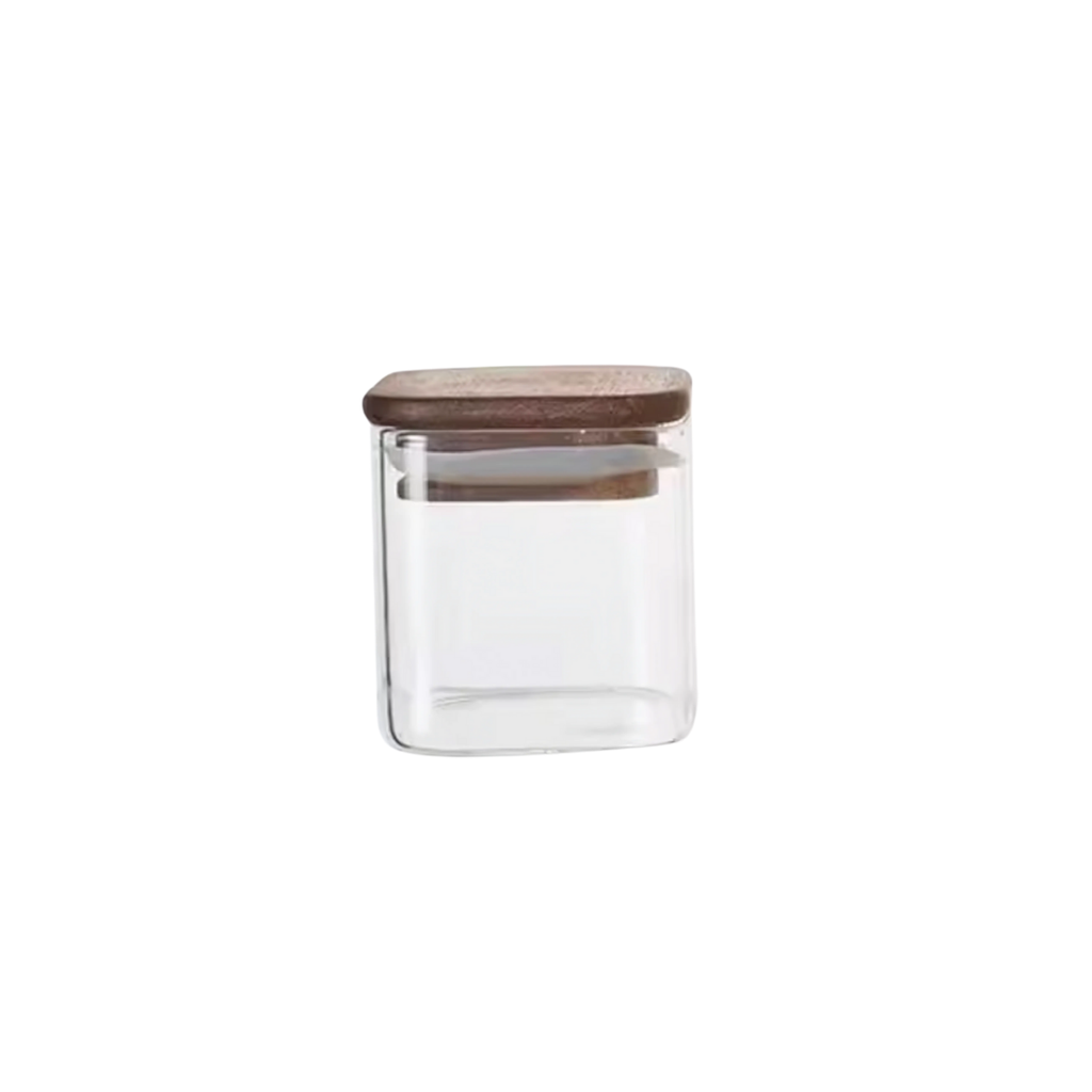 Square Glass Spice Jars with Acacia Wood Lid – Airtight Pantry Storage (180ml / 360ml / 800ml) | Packs of 6, or 12pk