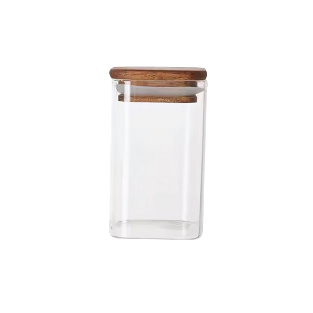 Square Glass Spice Jars with Acacia Wood Lid – Airtight Pantry Storage (180ml / 360ml / 800ml) | Packs of 6, or 12pk