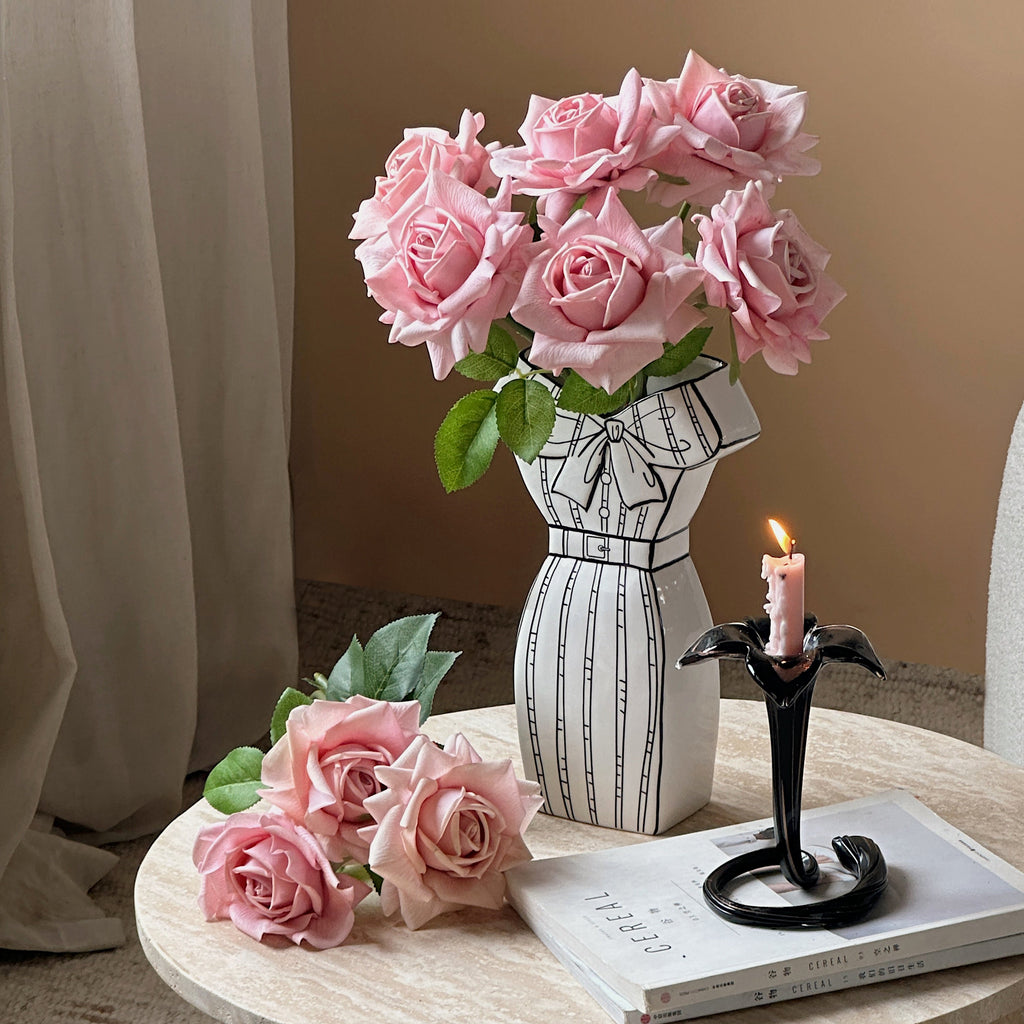 Dress-Shaped Ceramic Vase – Hand-Painted White with Black Ribbon Design