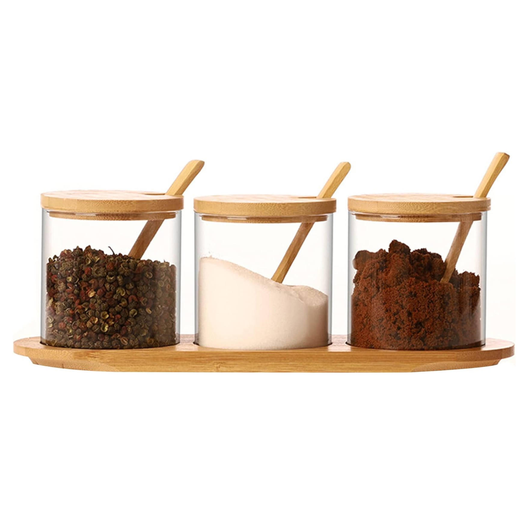 3-Piece Bamboo Lid Glass Jar Set – 300ml Airtight Food Storage Containers with Tray