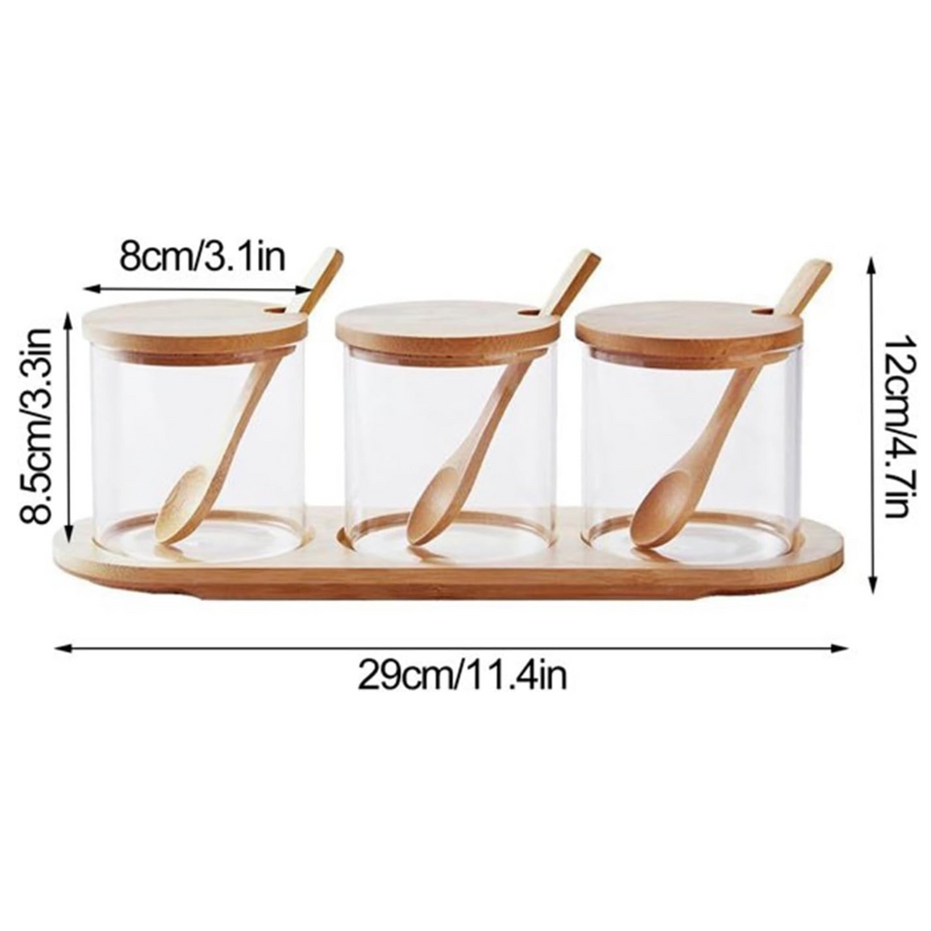 3-Piece Bamboo Lid Glass Jar Set – 300ml Airtight Food Storage Containers with Tray
