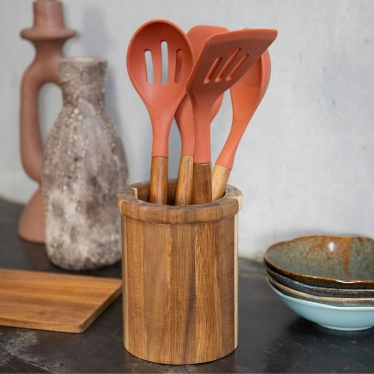 5-Piece Orange Kitchen Utensils Set – Silicone & Acacia Wood