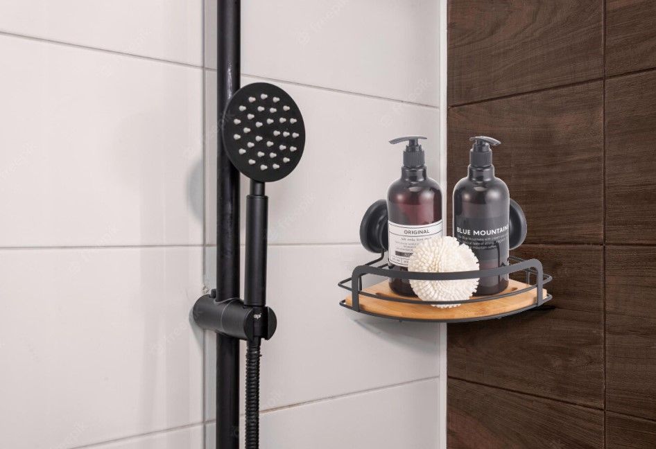 CARLA HOME  2 Pack Round Bamboo Corner Shower Caddy Shelf Basket Rack with Premium Vacuum Suction Cup No-Drilling for Bathroom and Kitchen-0