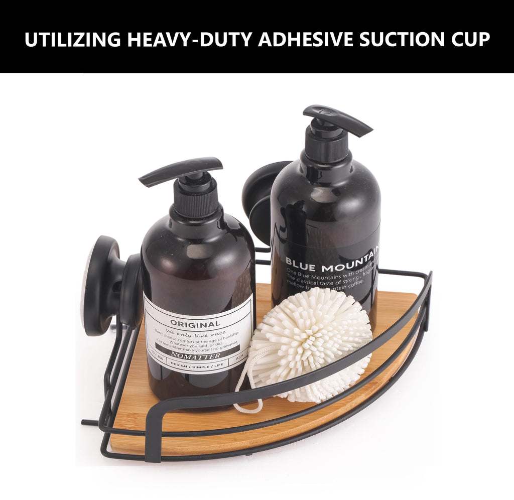 CARLA HOME  2 Pack Round Bamboo Corner Shower Caddy Shelf Basket Rack with Premium Vacuum Suction Cup No-Drilling for Bathroom and Kitchen-3