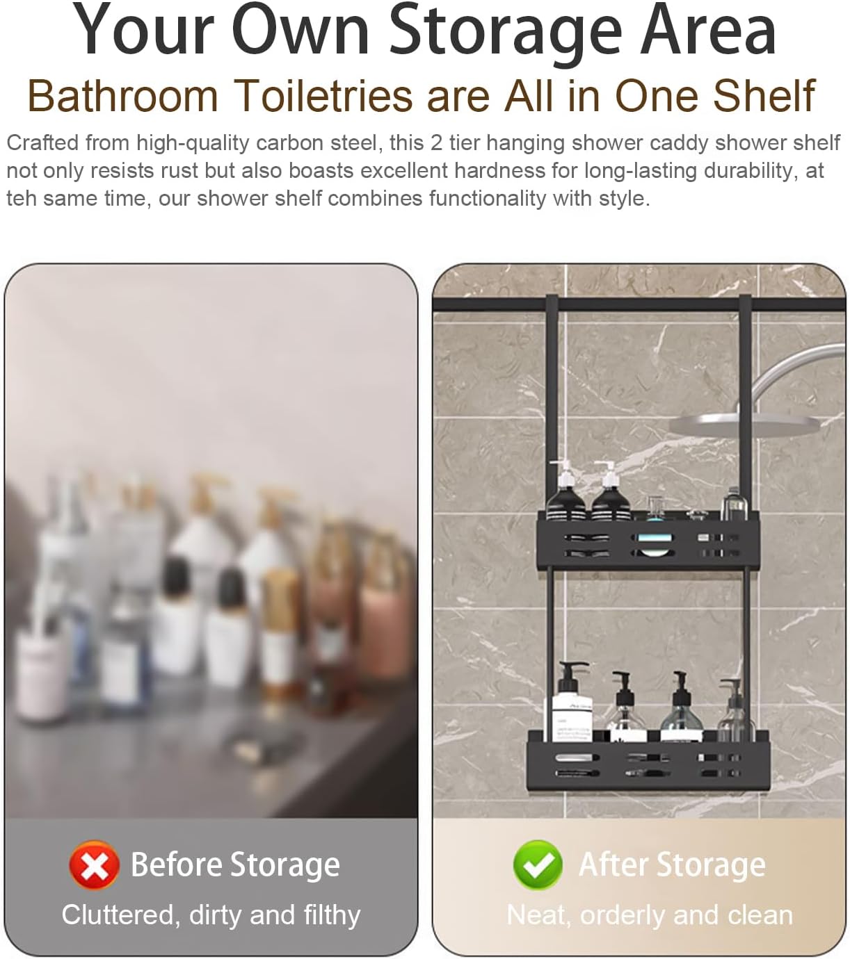 CARLA HOME Over the Door 2-tier Shower Caddy Organiser Shelf with Hooks for Bathroom-2