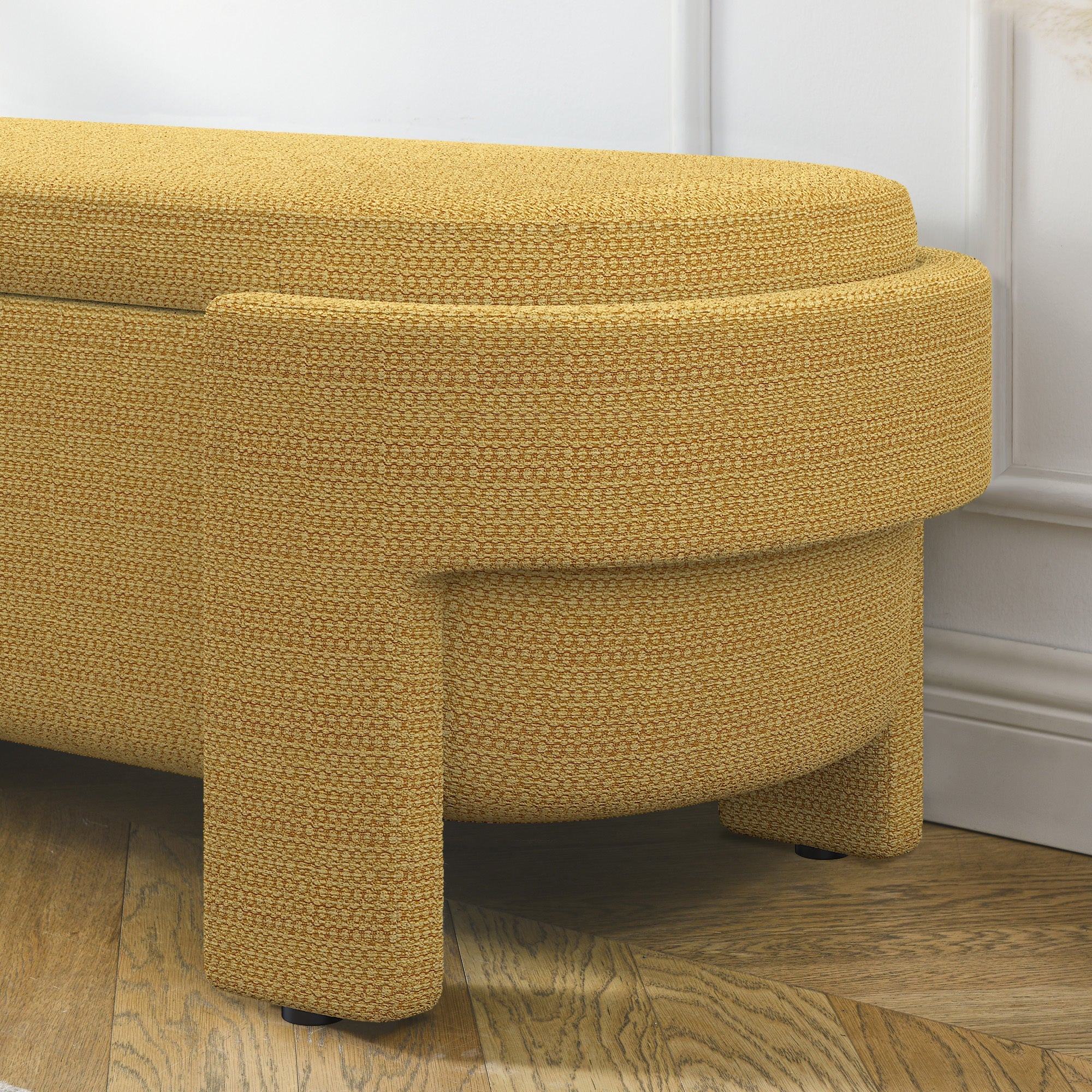 Luxury Linen Fabric Upholstered Storage Bench – Safron Gold Ottoman Seat with Large Hidden Compartment