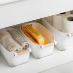 Medium White Storage Tub with Wooden Handles – Multi-Purpose Organiser Box for Home & Pantry