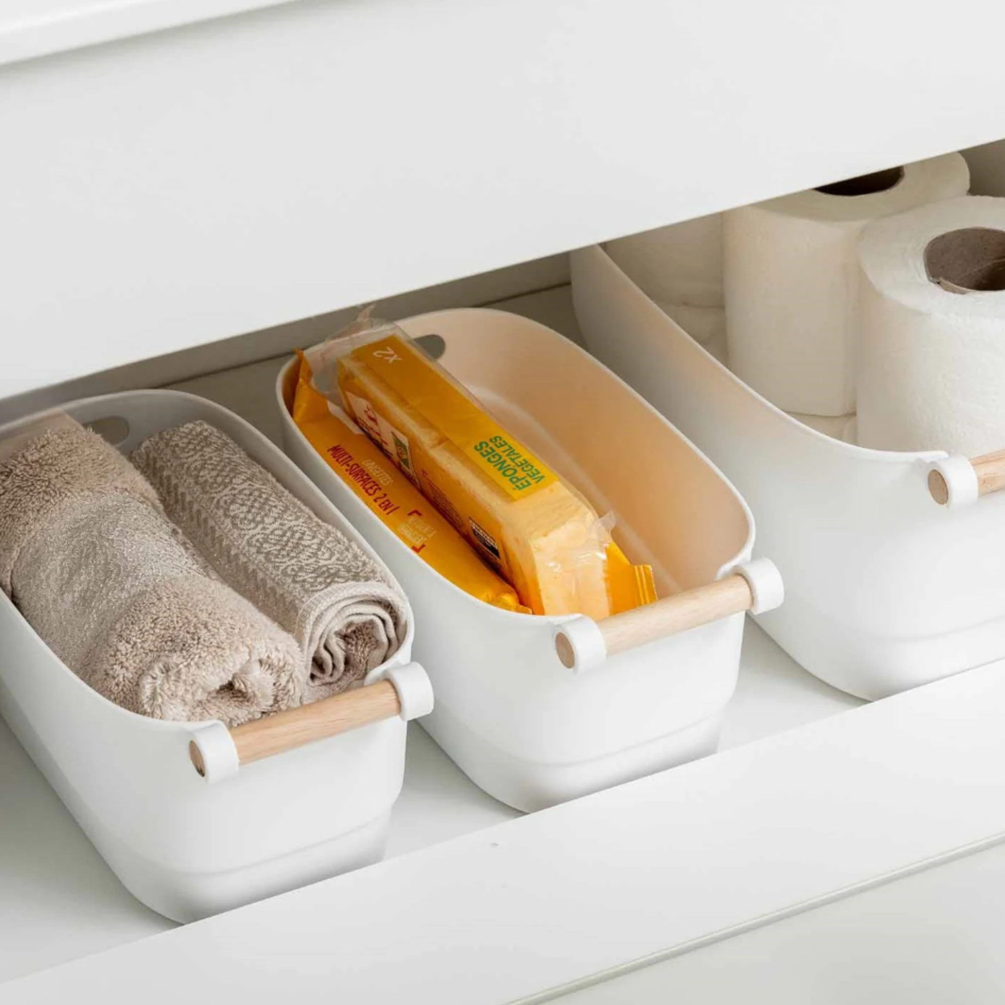 Medium White Storage Tub with Wooden Handles – Multi-Purpose Organiser Box for Home & Pantry