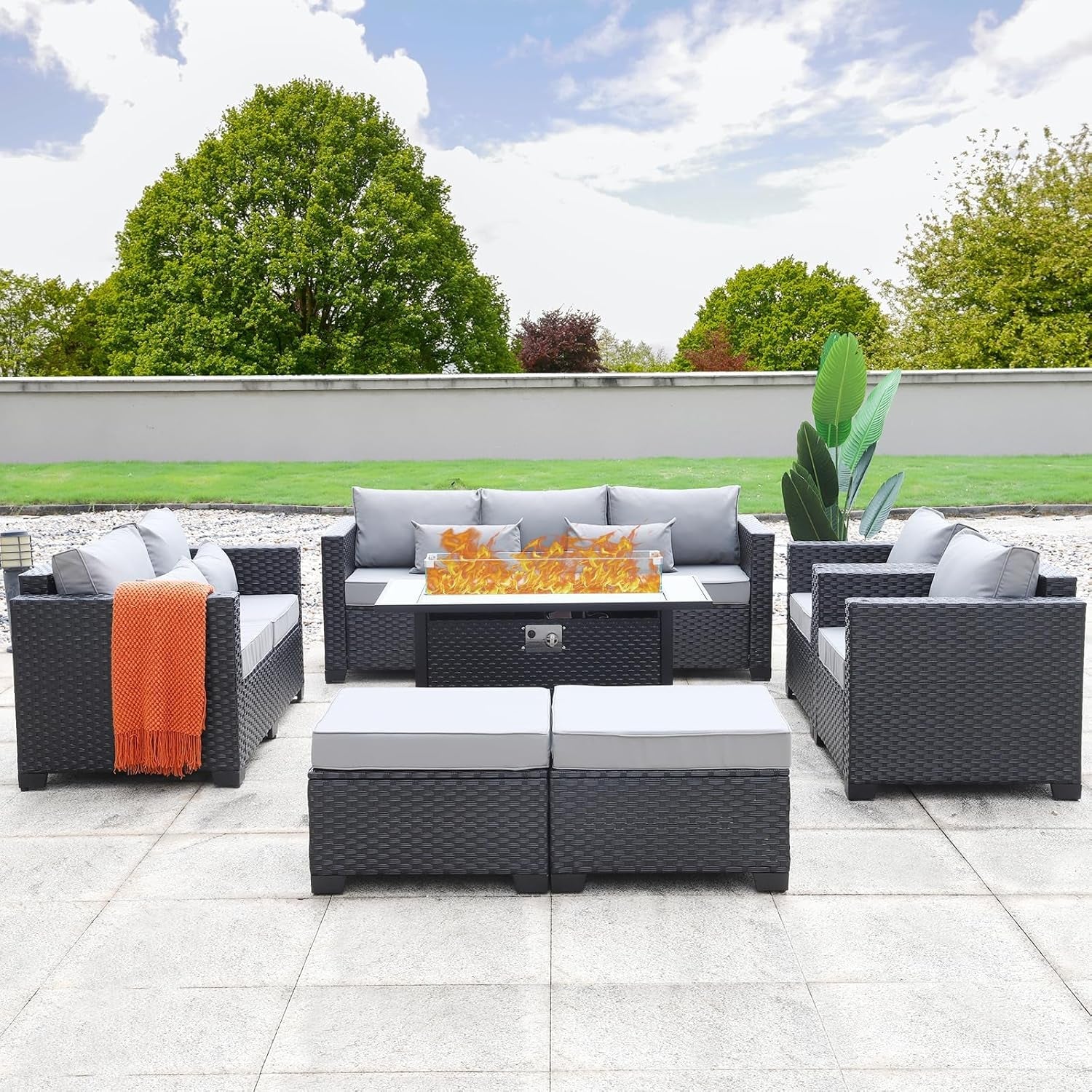 Luxury 7-Piece Outdoor Furniture Set with 60,000 BTU Fire Pit – All-Weather Wicker & Modern Patio Design