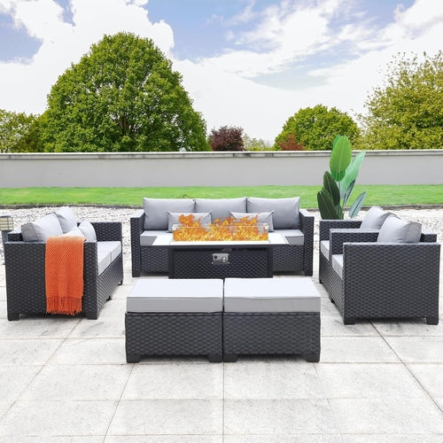 Luxury 7-Piece Outdoor Furniture Set with 60,000 BTU Fire Pit – All-Weather Wicker & Modern Patio Design