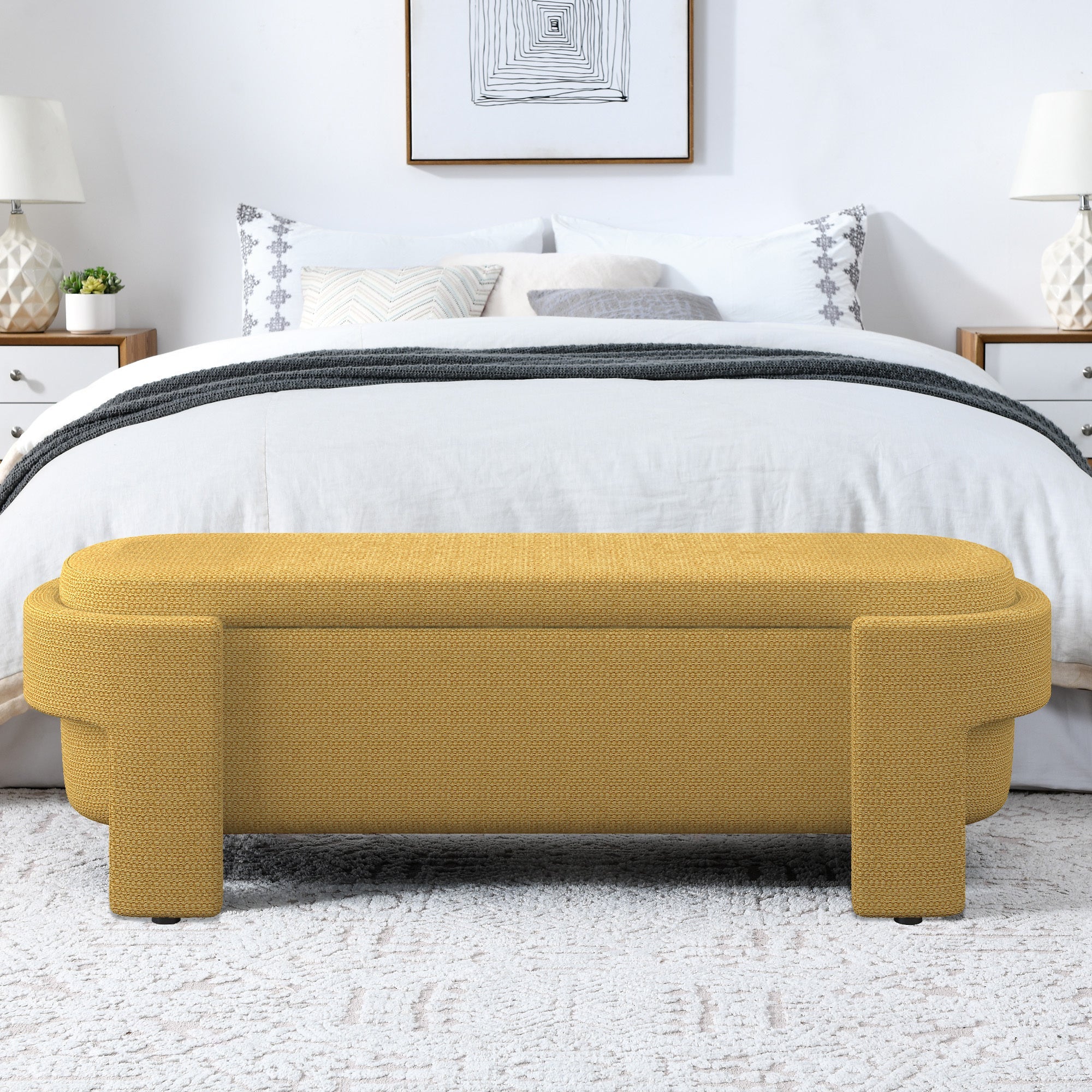 Luxury Linen Fabric Upholstered Storage Bench – Safron Gold Ottoman Seat with Large Hidden Compartment