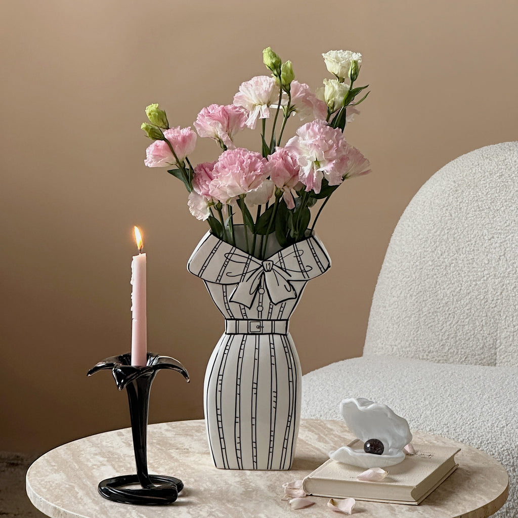 Dress-Shaped Ceramic Vase – Hand-Painted White with Black Ribbon Design
