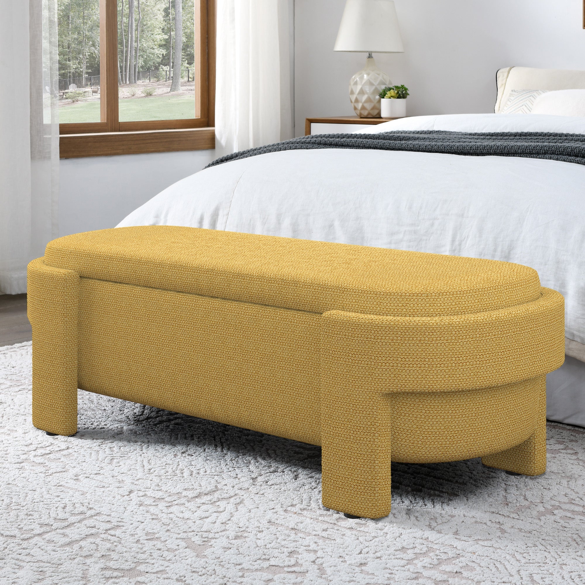 Luxury Linen Fabric Upholstered Storage Bench – Safron Gold Ottoman Seat with Large Hidden Compartment