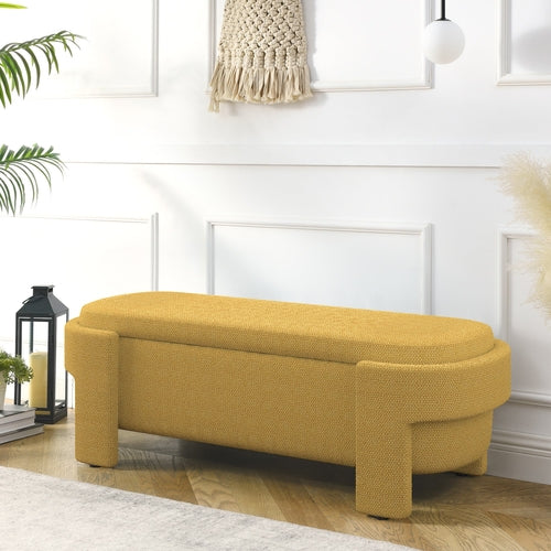 Luxury Linen Fabric Upholstered Storage Bench – Safron Gold Ottoman Seat with Large Hidden Compartment