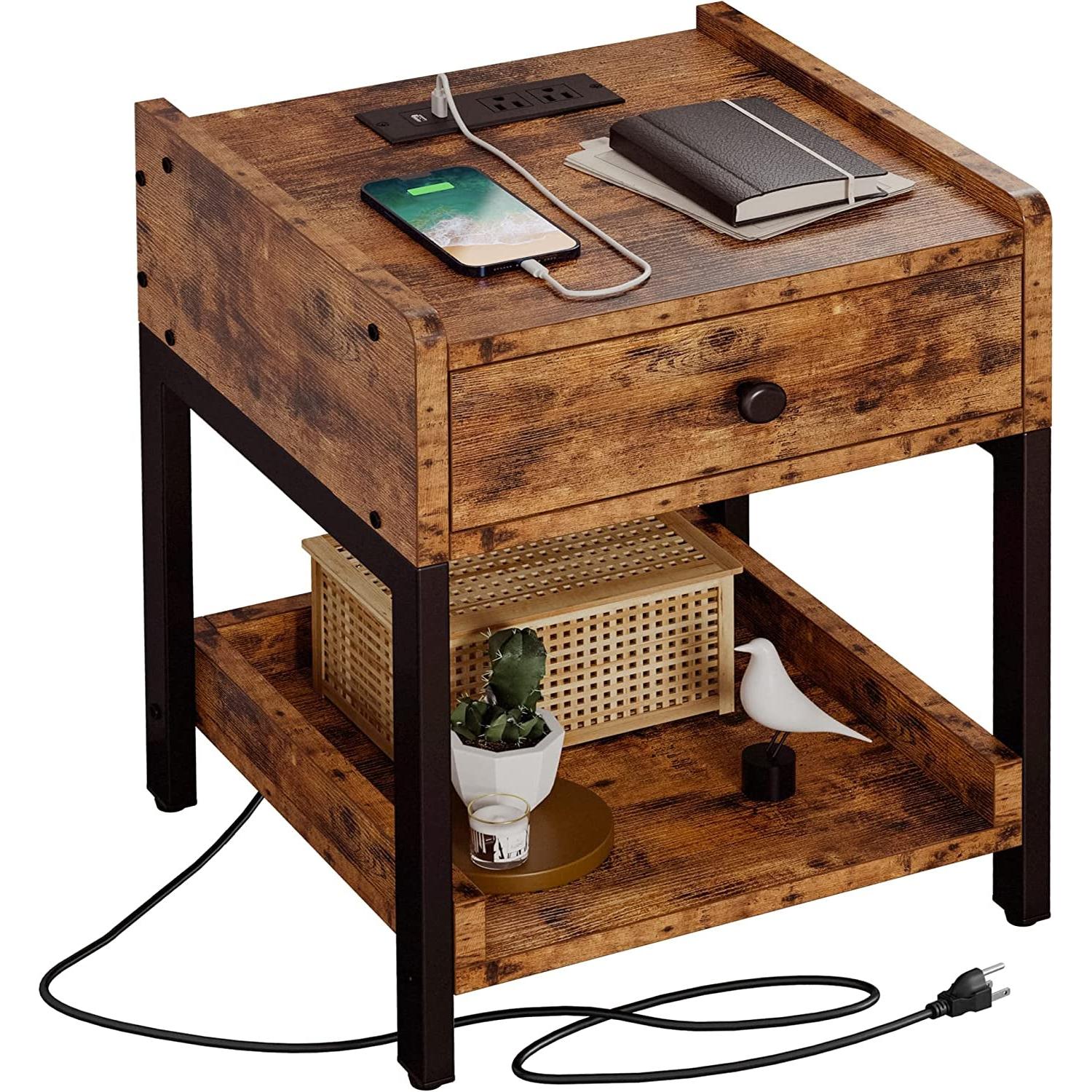 LIKIMIO Industrial End Table with Drawer & USB Charging – Vintage Brown Nightstand