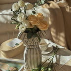 Dress-Shaped Ceramic Vase – Hand-Painted White with Black Ribbon Design