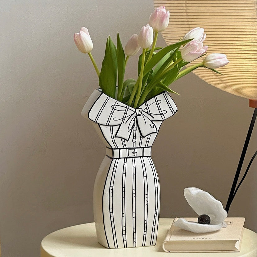 Dress-Shaped Ceramic Vase – Hand-Painted White with Black Ribbon Design