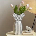 Dress-Shaped Ceramic Vase – Hand-Painted White with Black Ribbon Design
