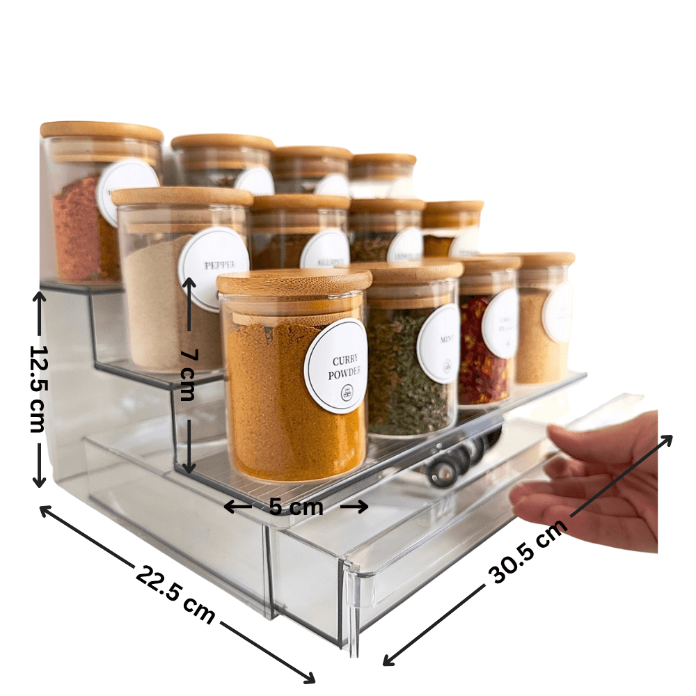 Acrylic Spice Rack with Drawer & 12 Bamboo Jars – Modern Kitchen Organizer (200ml Each)