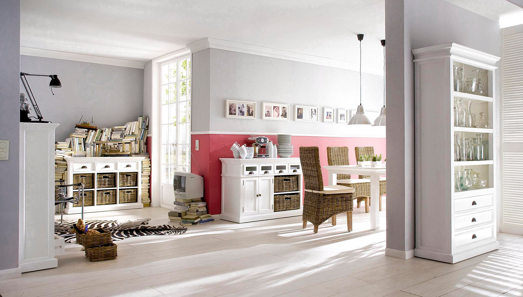 Luxury Farmhouse Kitchen Buffet – Glass-Front Drawers & Handwoven Rattan Baskets