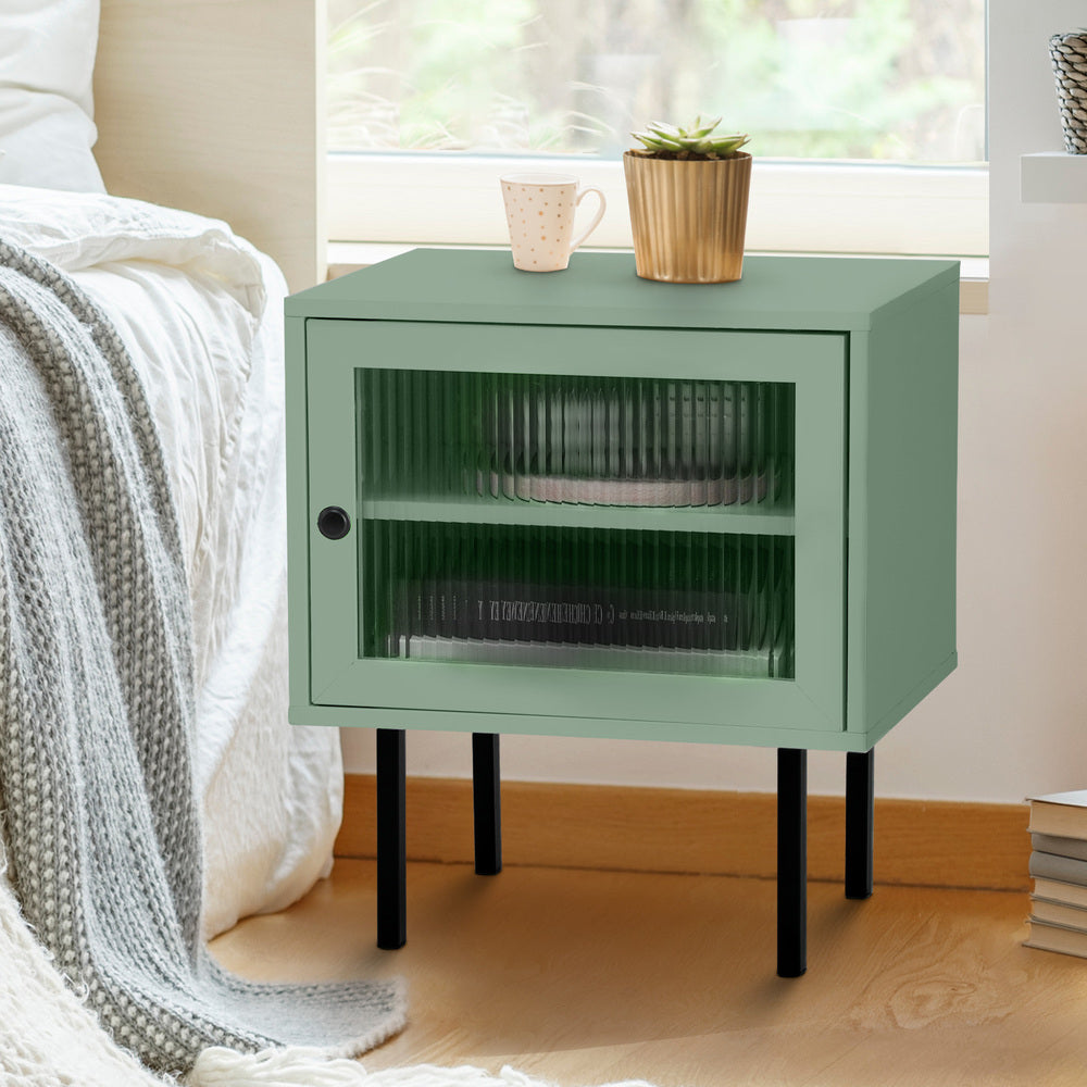 Oikiture Reeded Glass Bedside Table – Modern Nightstand with Storage