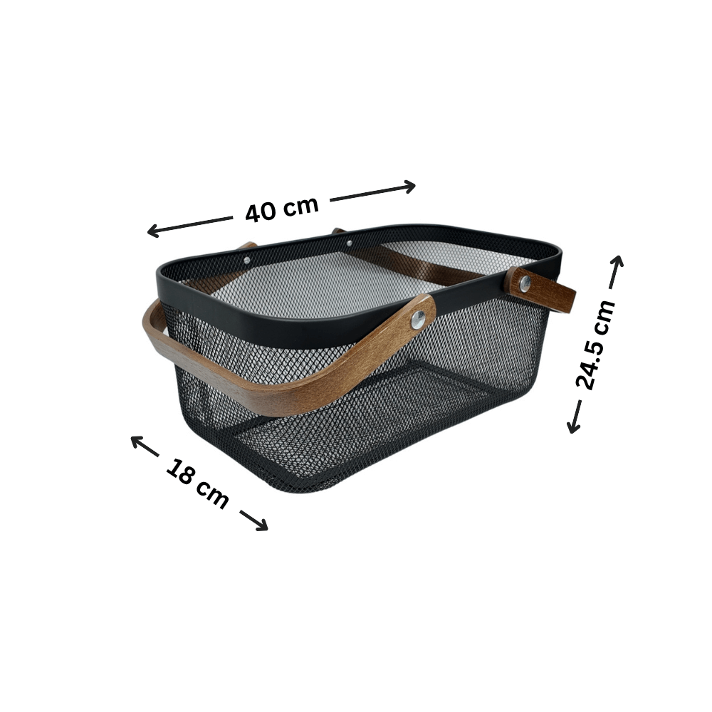 Black Mesh Large Handy Storage Basket – Acacia Handle-1