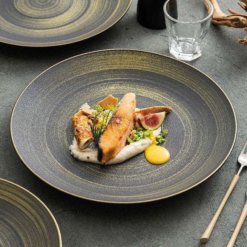 GOSEUNG Luxury Black & Gold Ceramic Dinner Plate Wujin Sand Matte Fine Dining Tableware