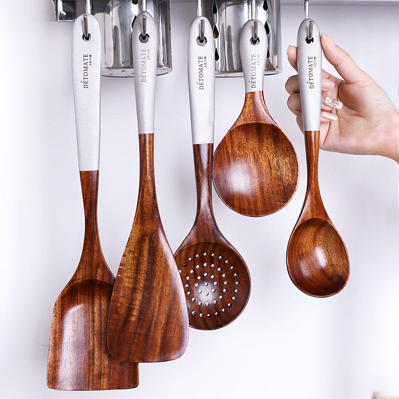 Handcrafted Teak Wooden Kitchen Utensil Set – Eco-Friendly Colorful Lacquer Handles (5/7 Pieces)