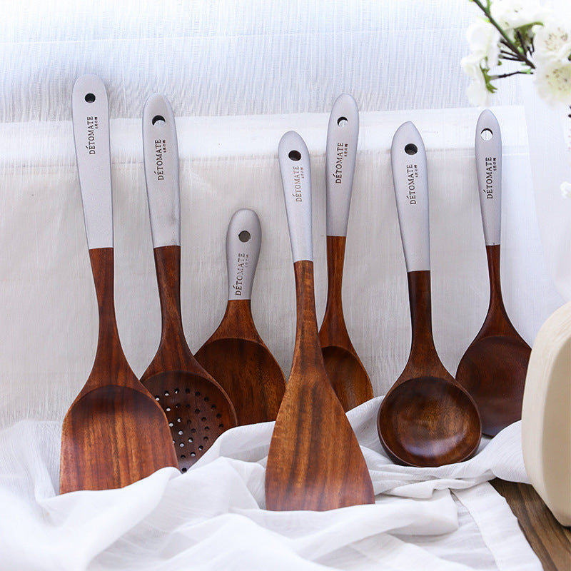 Handcrafted Teak Wooden Kitchen Utensil Set – Eco-Friendly Colorful Lacquer Handles (5/7 Pieces)