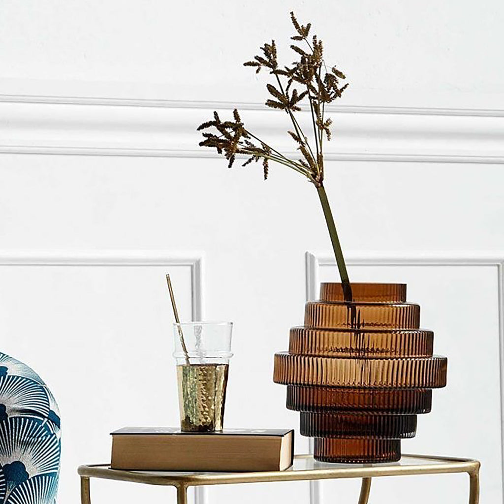 Amber Ribbed Glass Vase – Modern Sculptural Home Décor