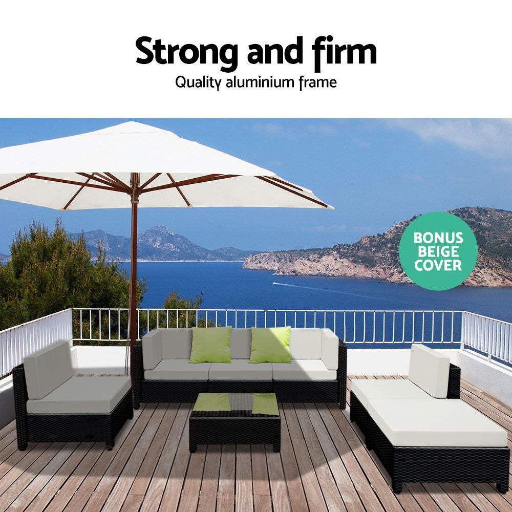 Luxury Gardeon 7-Piece Outdoor Sofa Lounge Set – Wicker Couches with Coffee Table & Bonus Covers