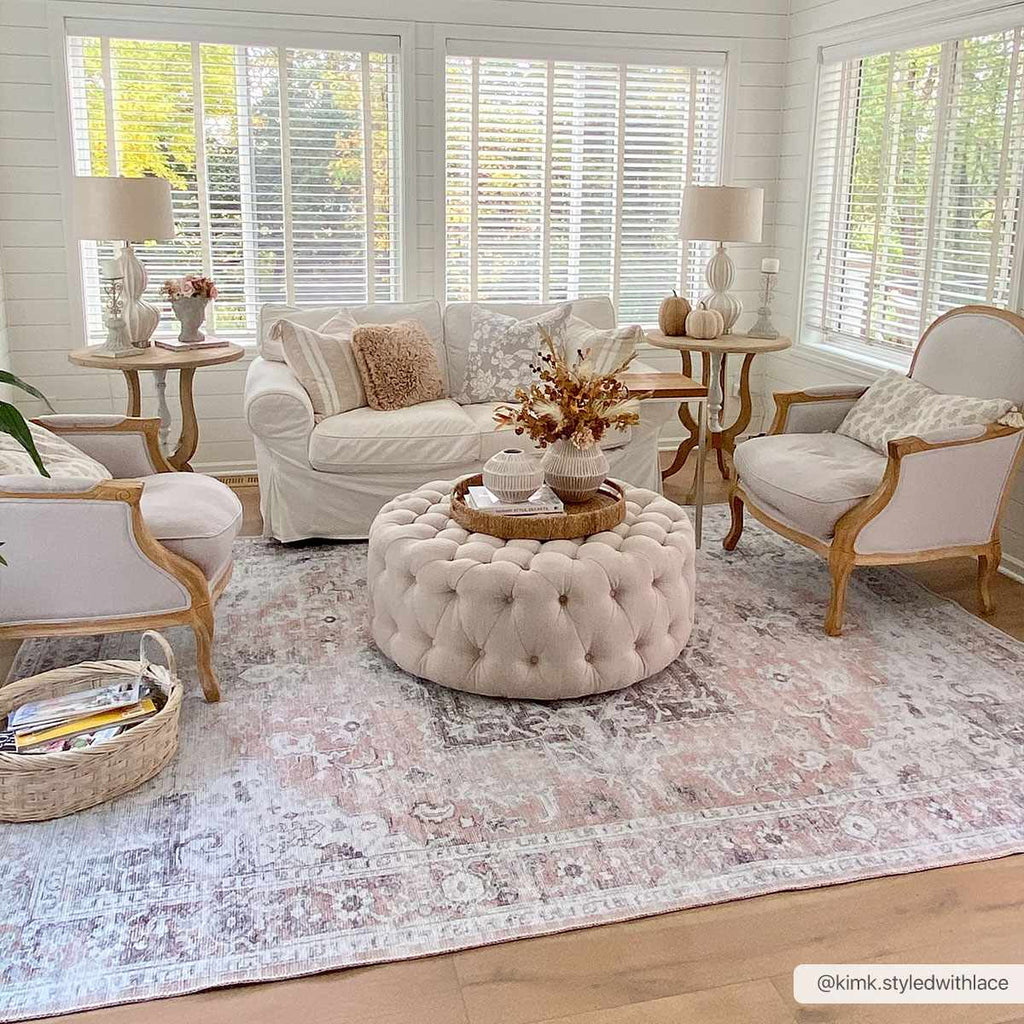 Machine Washable Chenille Rug – Traditional Flatweave Area Rug in Beige & Charcoal, Soft & Durable