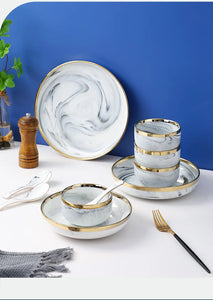Luxury Blue & White Dinnerware Sets with Double-Sided Gilt Rims – Timeless Elegance