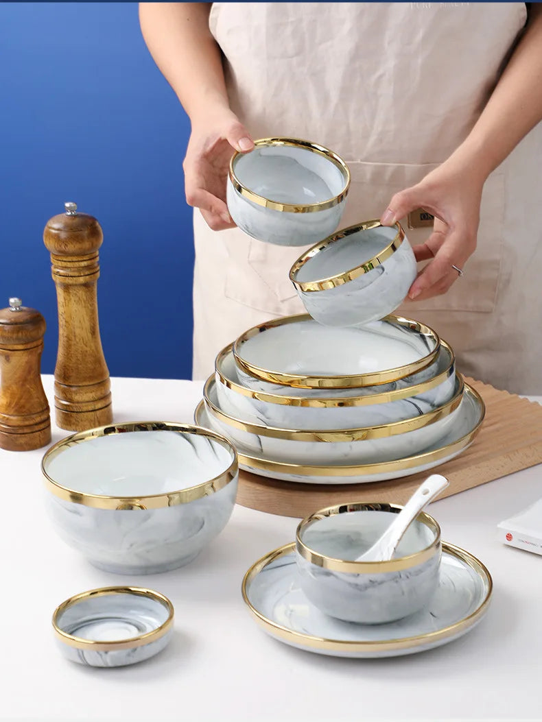 Luxury Blue & White Dinnerware Sets with Double-Sided Gilt Rims – Timeless Elegance WHIMSICAL HOME OF CREATIONS