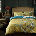 Luxury 600TC Pure Egyptian Cotton Botanical Floral Duvet Cover Set — Vintage Chinoiserie Golden Mustard Yellow (4-Piece Set) WHIMSICAL HOME OF CREATIONS