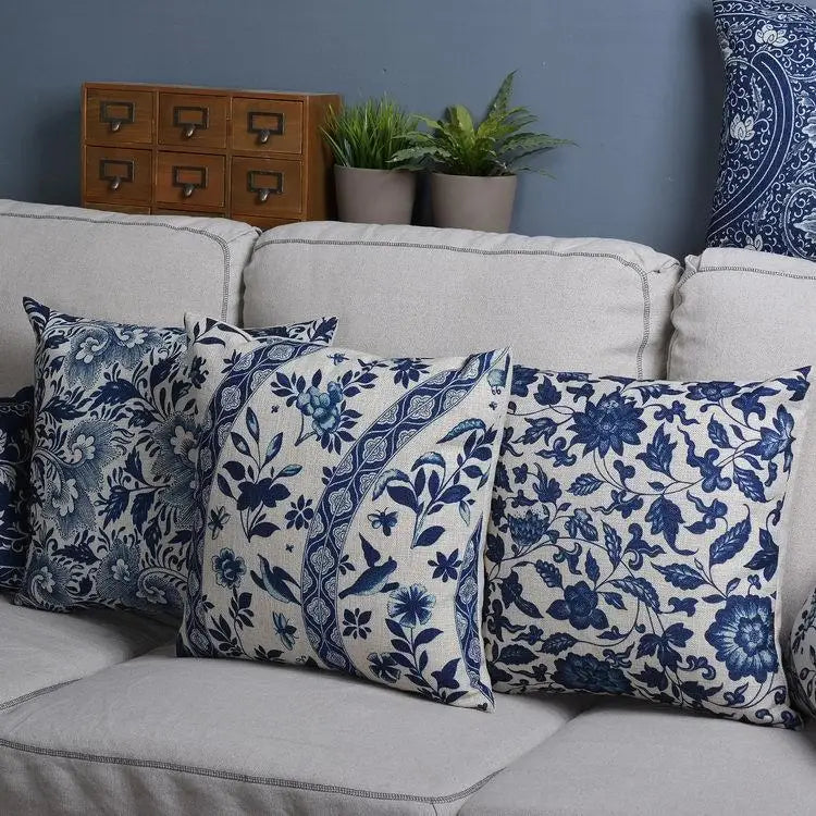 Hamptons Style Vintage Blue Cotton Linen Pillow Covers