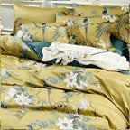 Luxury 600TC Pure Egyptian Cotton Botanical Floral Duvet Cover Set — Vintage Chinoiserie Golden Mustard Yellow (4-Piece Set) WHIMSICAL HOME OF CREATIONS