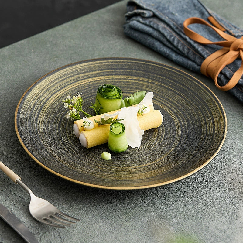 GOSEUNG Luxury Black & Gold Ceramic Dinner Plate Wujin Sand Matte Fine Dining Tableware