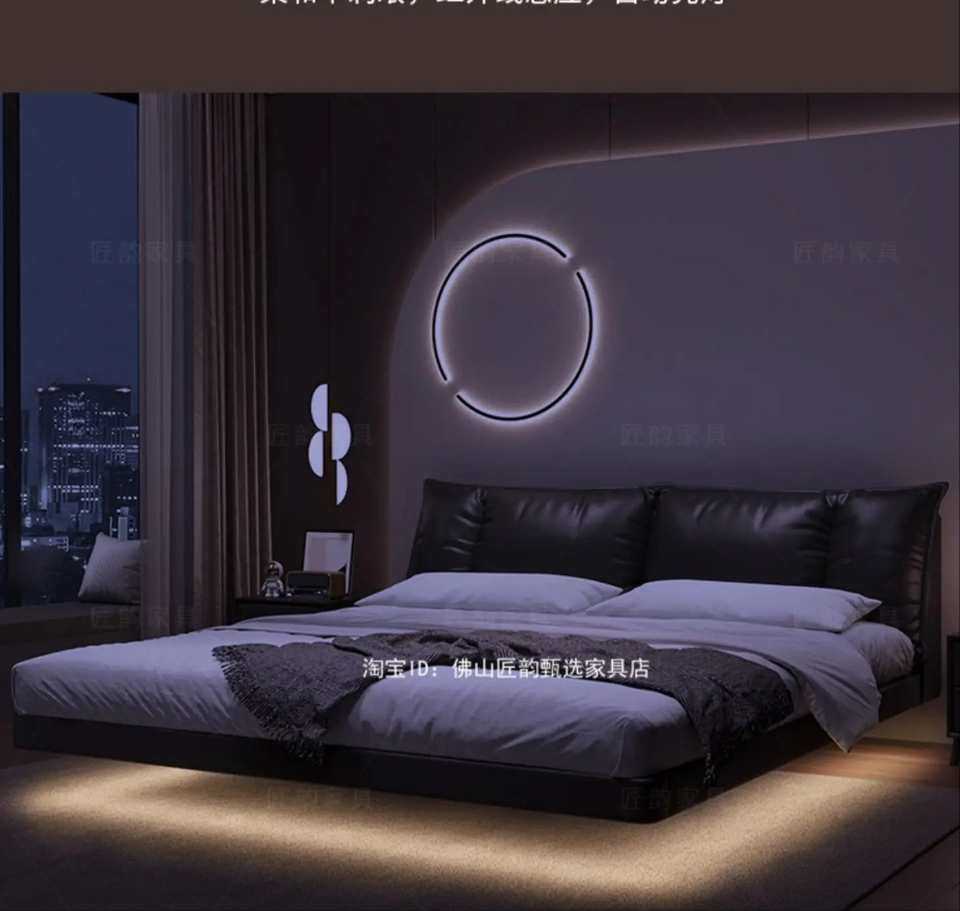 Truffle Brown Floating Modern Retro Genuine Leather Bed with Storage & Nightstands(Floats 15cm from ground)